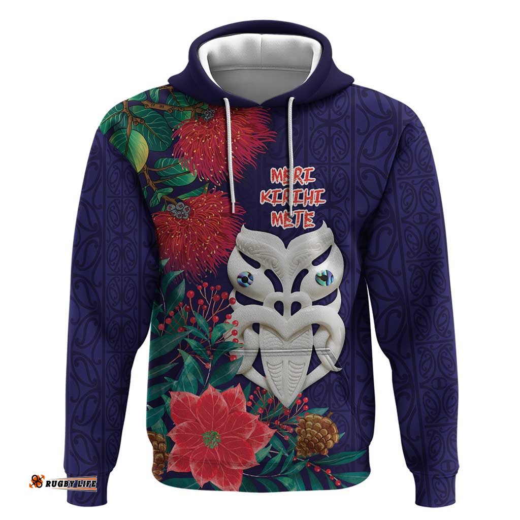 RugbyLife Shop Maori Wheku Meri Kirihimete Personalised Hoodie All Blue Indigenous Maori Motif LT9