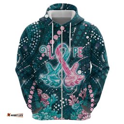 RugbyLife Shop Personalised Hereditary Cancer Awareness Hoodie Hope Ribbon With Aussie Teal Duncan Coral DT05