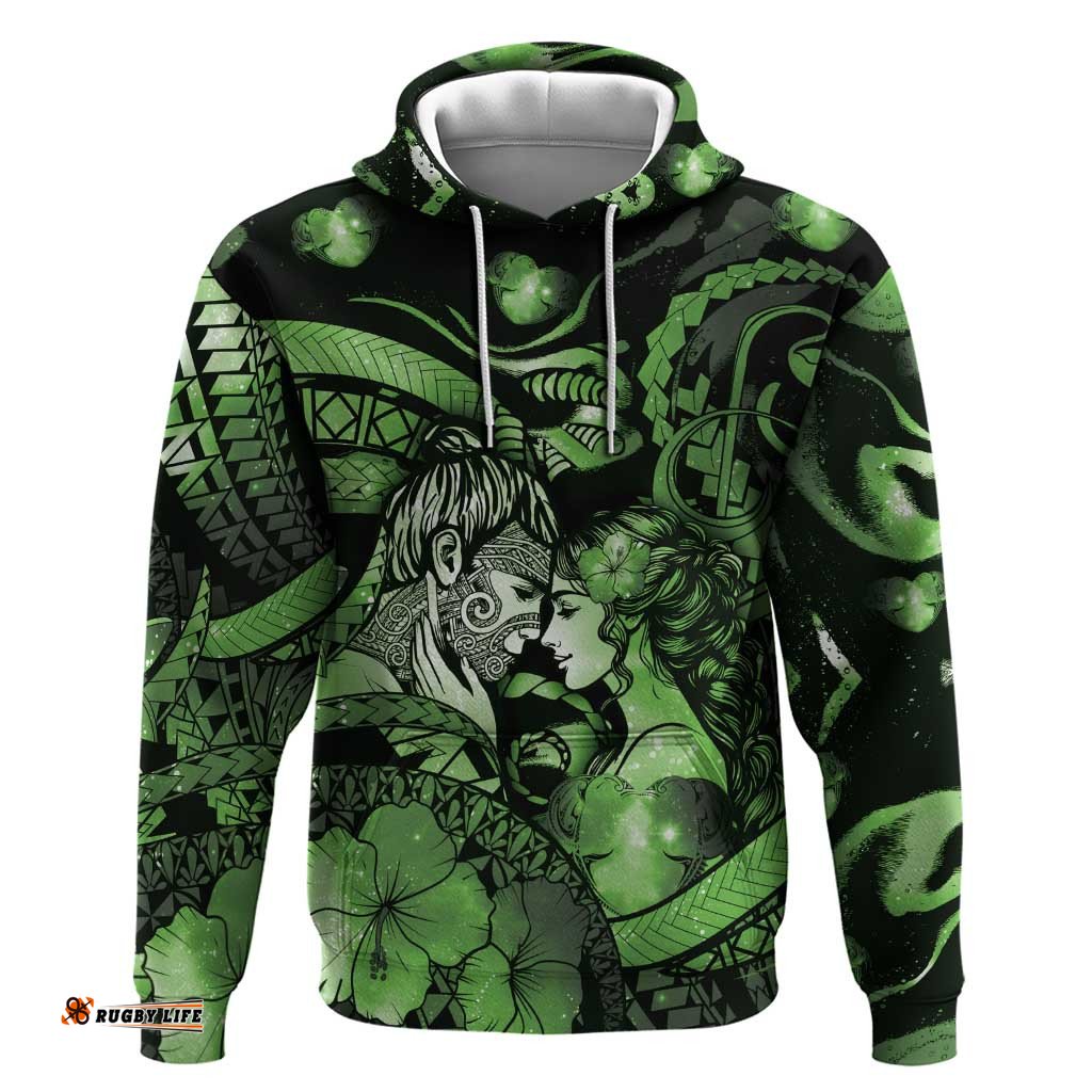 RugbyLife Shop Personalised Maori Romantic Valentine Hoodie The Hongi Kiss Green Galaxy DT05