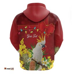 RugbyLife Shop Personalised Australia Sulphur-crested Cockatoo Christmas Hoodie Aussie Native Flowers Merry Xmas LT14