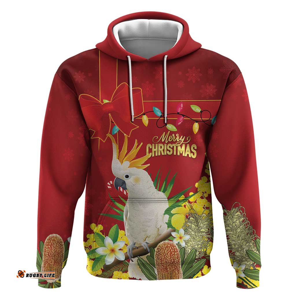 RugbyLife Shop Personalised Australia Sulphur-crested Cockatoo Christmas Hoodie Aussie Native Flowers Merry Xmas LT14
