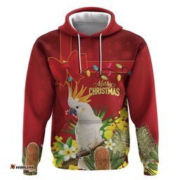 RugbyLife Shop Personalised Australia Sulphur-crested Cockatoo Christmas Hoodie Aussie Native Flowers Merry Xmas LT14