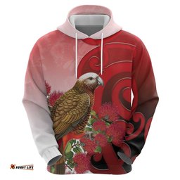 RugbyLife Shop New Zealand Parrot Kaka Hoodie Maori Koru With Pohutukawa Flowers LT05