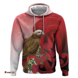 RugbyLife Shop New Zealand Parrot Kaka Hoodie Maori Koru With Pohutukawa Flowers LT05