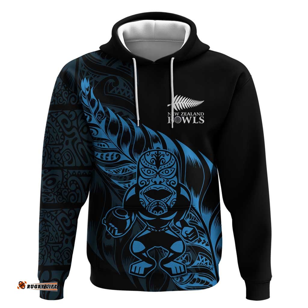 RugbyLife Shop New Zealand Lawn Bowls Custom Hoodie Blue Maori Warrior Tribal Silver Fern LT9