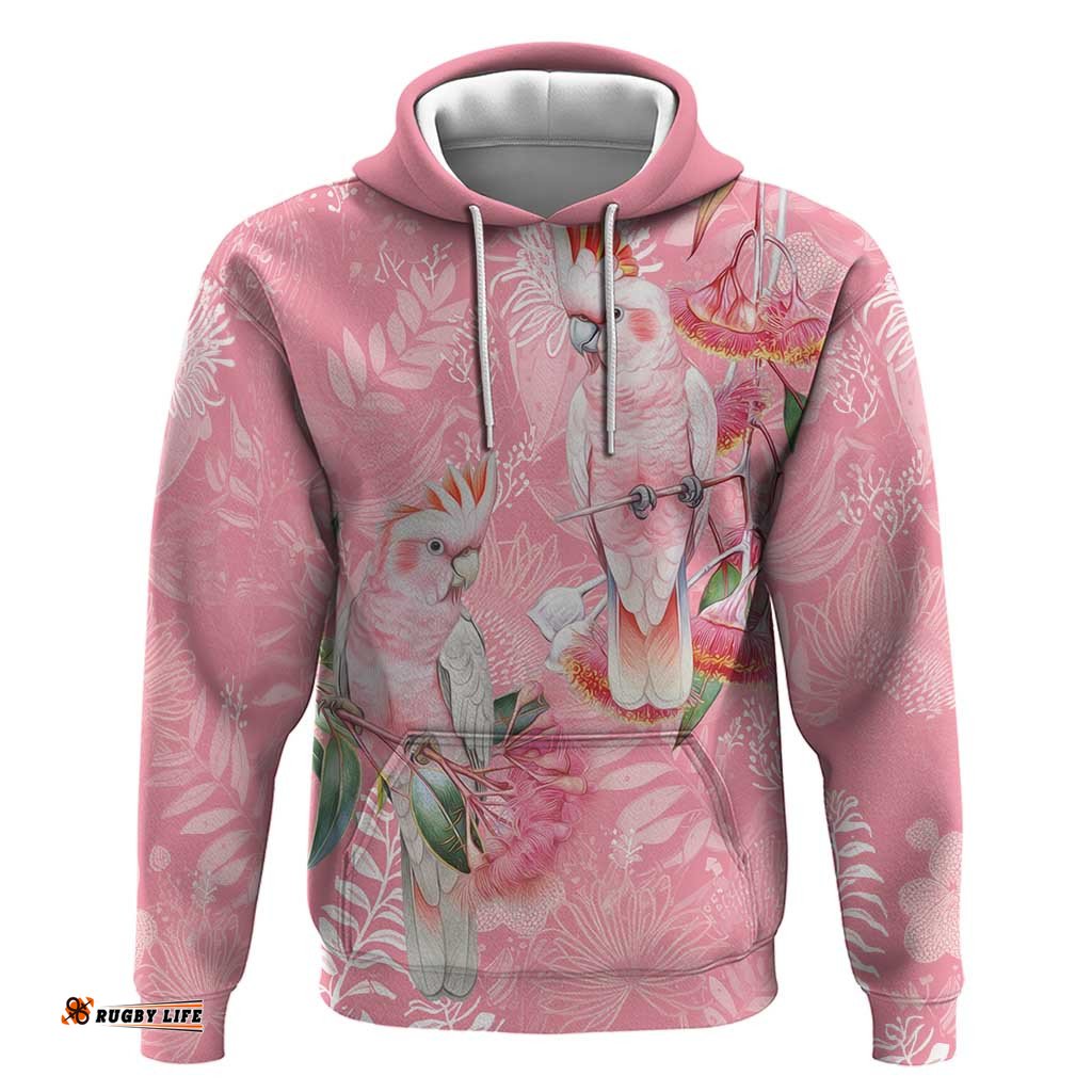 RugbyLife Shop Personalised Galah Cockatoo Eucalyptus Flowers Hoodie Australian Breast Cancer Spirit LT9
