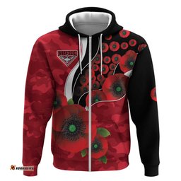 RugbyLife Shop Essendon Bombers ANZAC Personalised Hoodie Lest We Forget Poppy Camo LT9