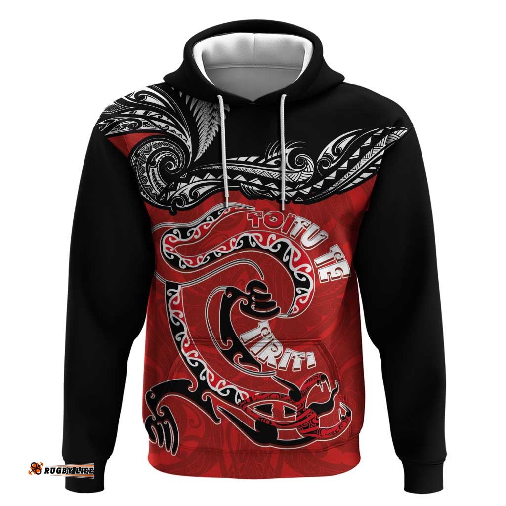 RugbyLife Shop Personalised Aotearoa Toitu Te Tiriti Hoodie Taniwha Tribal Motifs LT03
