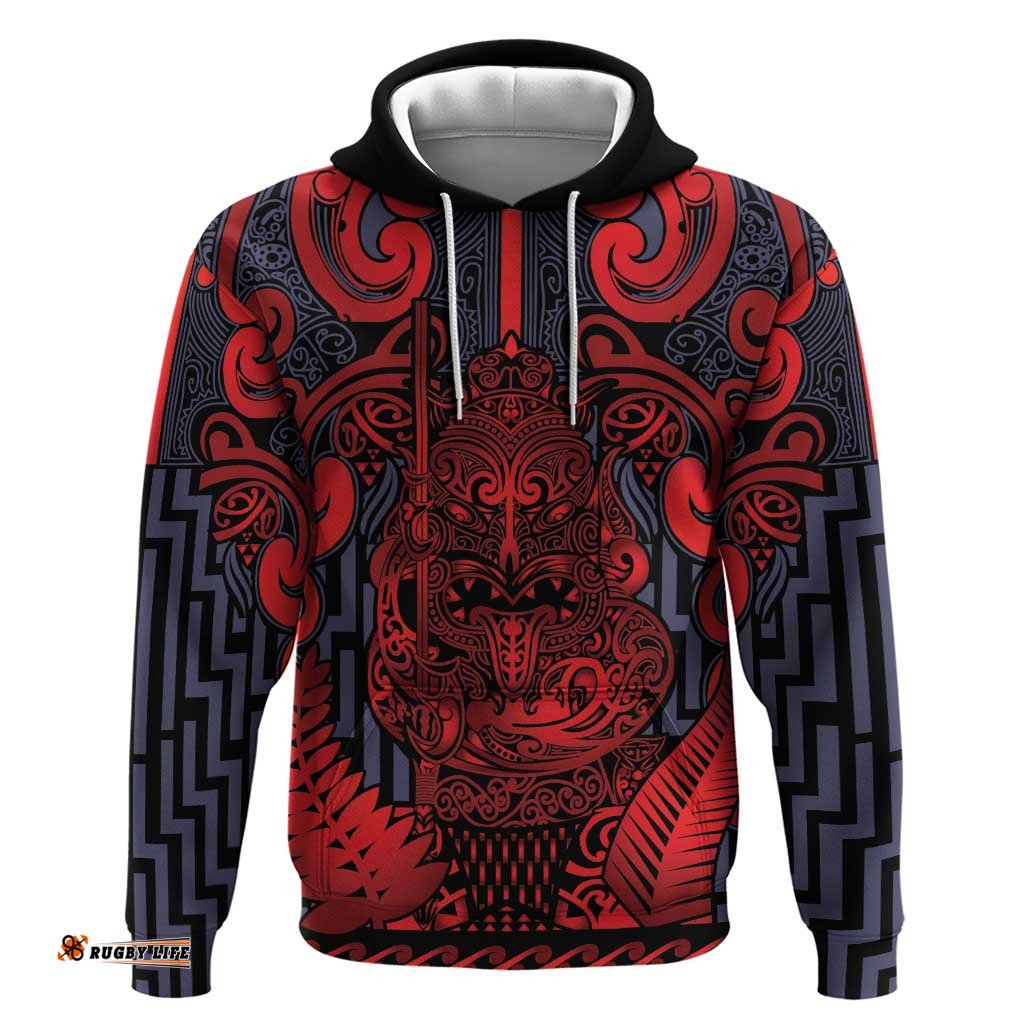 RugbyLife Shop Custom New Zealand Taiaha Maori Hoodie Whero Minimalist Silver Fern Tukutuku Motif LT9