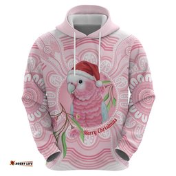 RugbyLife Shop Funny Pink Galah Australia Christmas Hoodie Eucalyptus Blossoms Aboriginal Art LT14