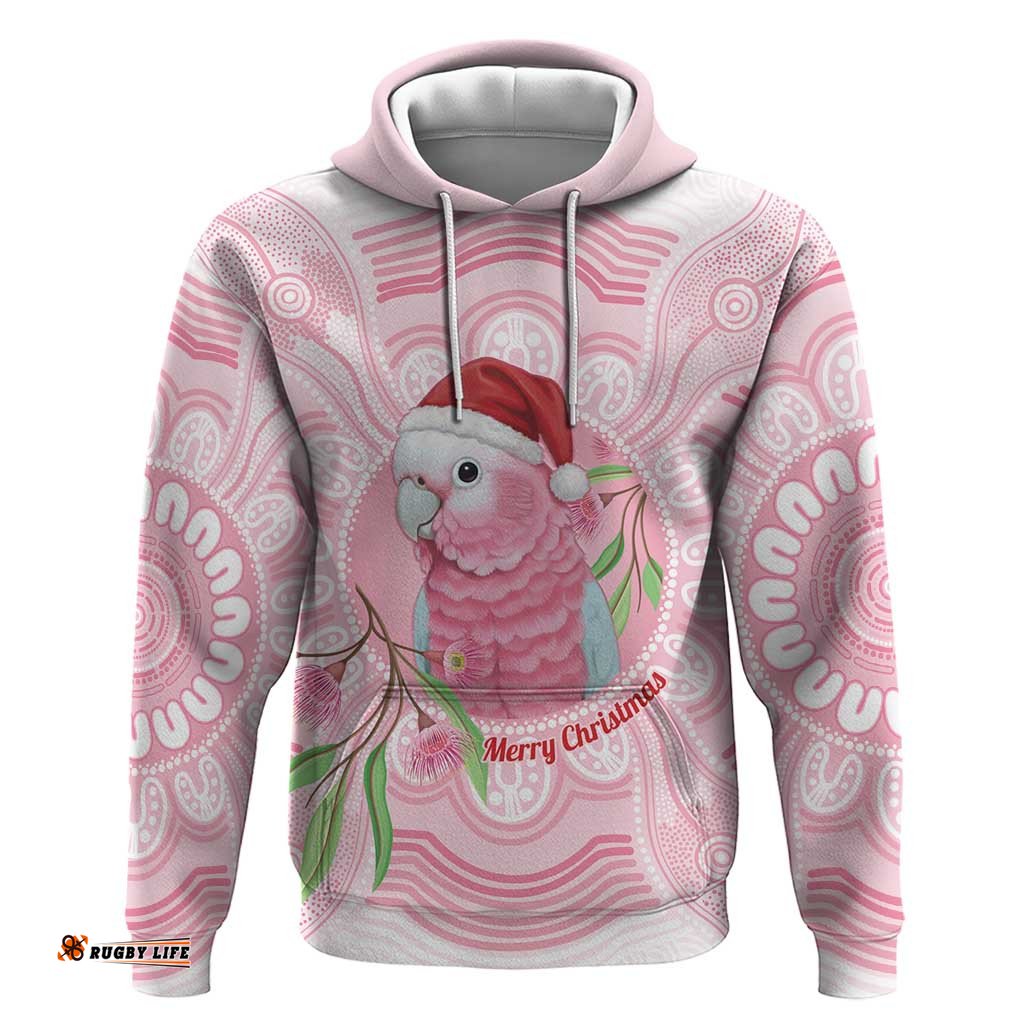 RugbyLife Shop Funny Pink Galah Australia Christmas Hoodie Eucalyptus Blossoms Aboriginal Art LT14