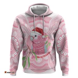 RugbyLife Shop Funny Pink Galah Australia Christmas Hoodie Eucalyptus Blossoms Aboriginal Art LT14