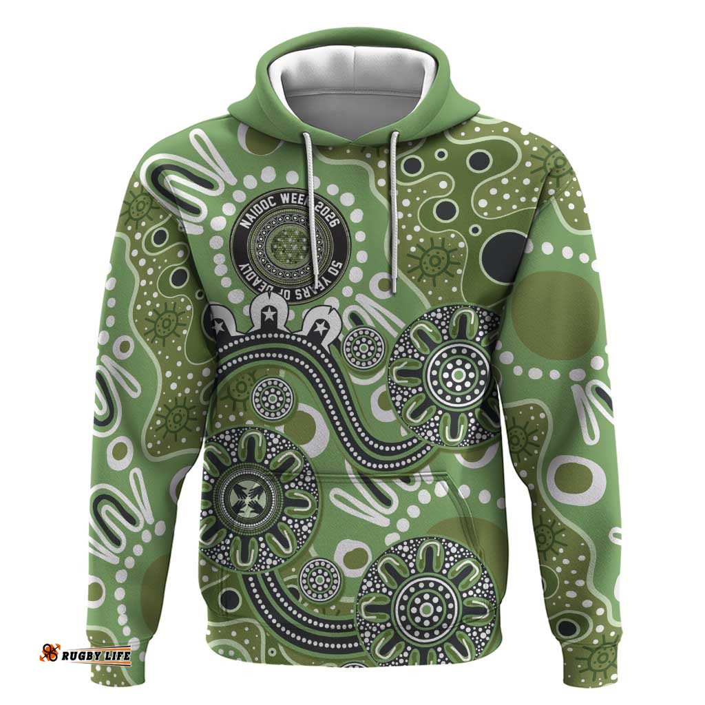 RugbyLife Shop Personalised NAIDOC Week 50 Years Deadly Always Hoodie Green Aboriginal Artwork Dot Painting LT9