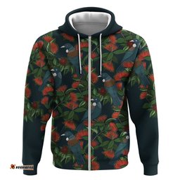 RugbyLife Shop New Zealand Christmas Hoodie Romantic Tui Birds on Pohutukawa - Cobalt LT7