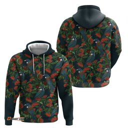 RugbyLife Shop New Zealand Christmas Hoodie Romantic Tui Birds on Pohutukawa - Cobalt LT7