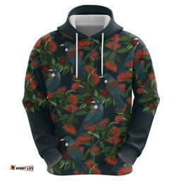 RugbyLife Shop New Zealand Christmas Hoodie Romantic Tui Birds on Pohutukawa - Cobalt LT7