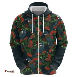RugbyLife Shop New Zealand Christmas Hoodie Romantic Tui Birds on Pohutukawa - Cobalt LT7