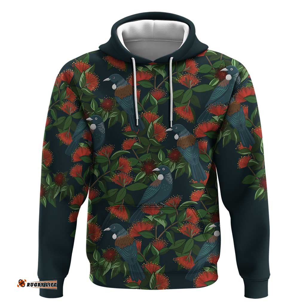 RugbyLife Shop New Zealand Christmas Hoodie Romantic Tui Birds on Pohutukawa - Cobalt LT7