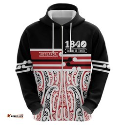 RugbyLife Shop Personalised Toitu Te Tiriti Aotearoa 1840 Hoodie Red Kowhaiwhai Puhoro LT9