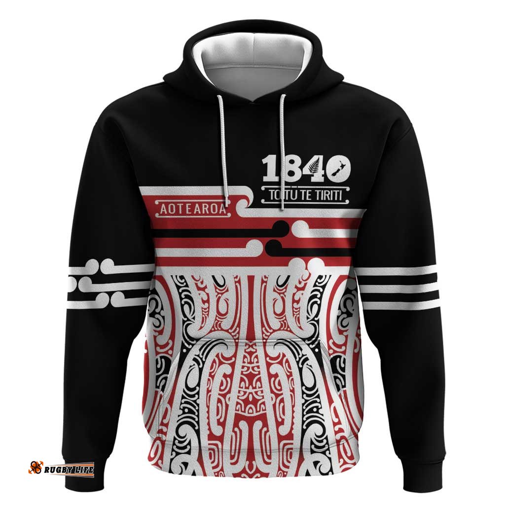 RugbyLife Shop Personalised Toitu Te Tiriti Aotearoa 1840 Hoodie Red Kowhaiwhai Puhoro LT9