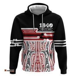 RugbyLife Shop Personalised Toitu Te Tiriti Aotearoa 1840 Hoodie Red Kowhaiwhai Puhoro LT9