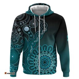 RugbyLife Shop Personalised Ovarian Cancer Awareness Hoodie Teal Ribbon Aboriginal Art LT05