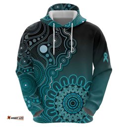 RugbyLife Shop Personalised Ovarian Cancer Awareness Hoodie Teal Ribbon Aboriginal Art LT05