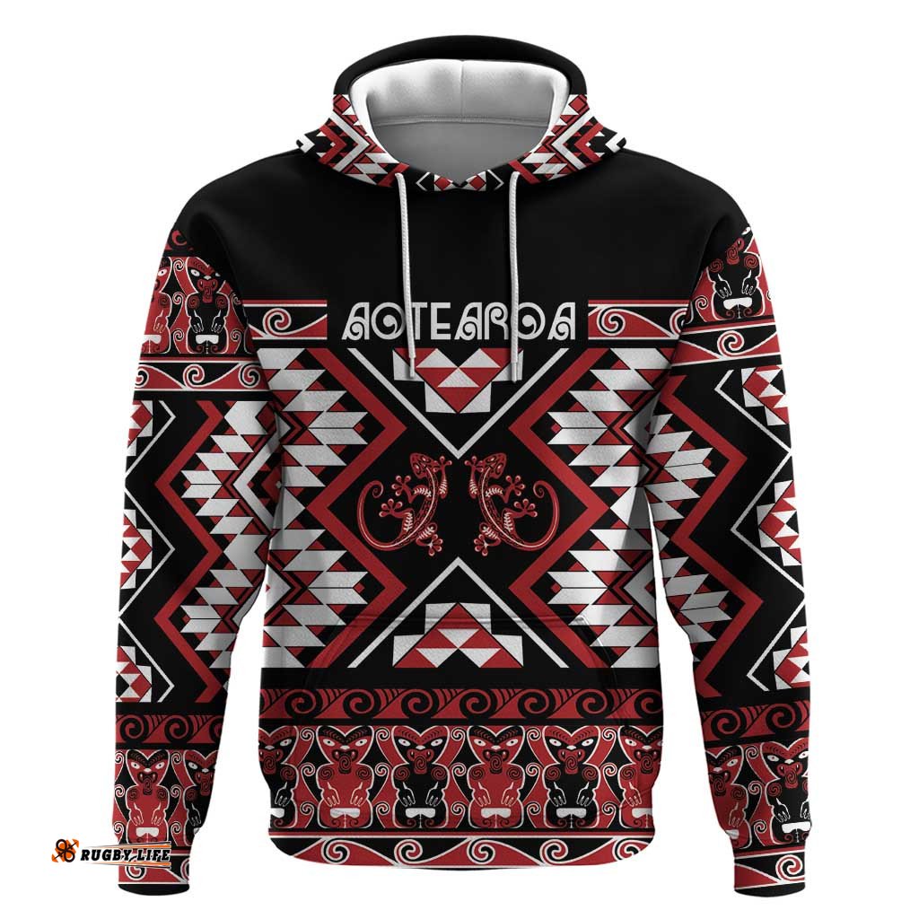RugbyLife Shop Personalised Aotearoa Waitangi Hoodie Taniko Motifs - Mania Gecko LT7