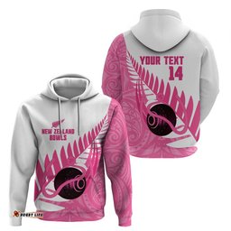 RugbyLife Shop New Zealand Lawn Bowls Breast Cancer Custom Hoodie Aotearoa Maori Silver Fern Pink Ribbon LT14