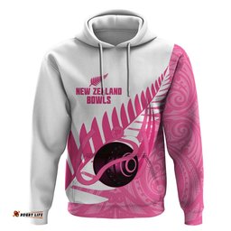 RugbyLife Shop New Zealand Lawn Bowls Breast Cancer Custom Hoodie Aotearoa Maori Silver Fern Pink Ribbon LT14