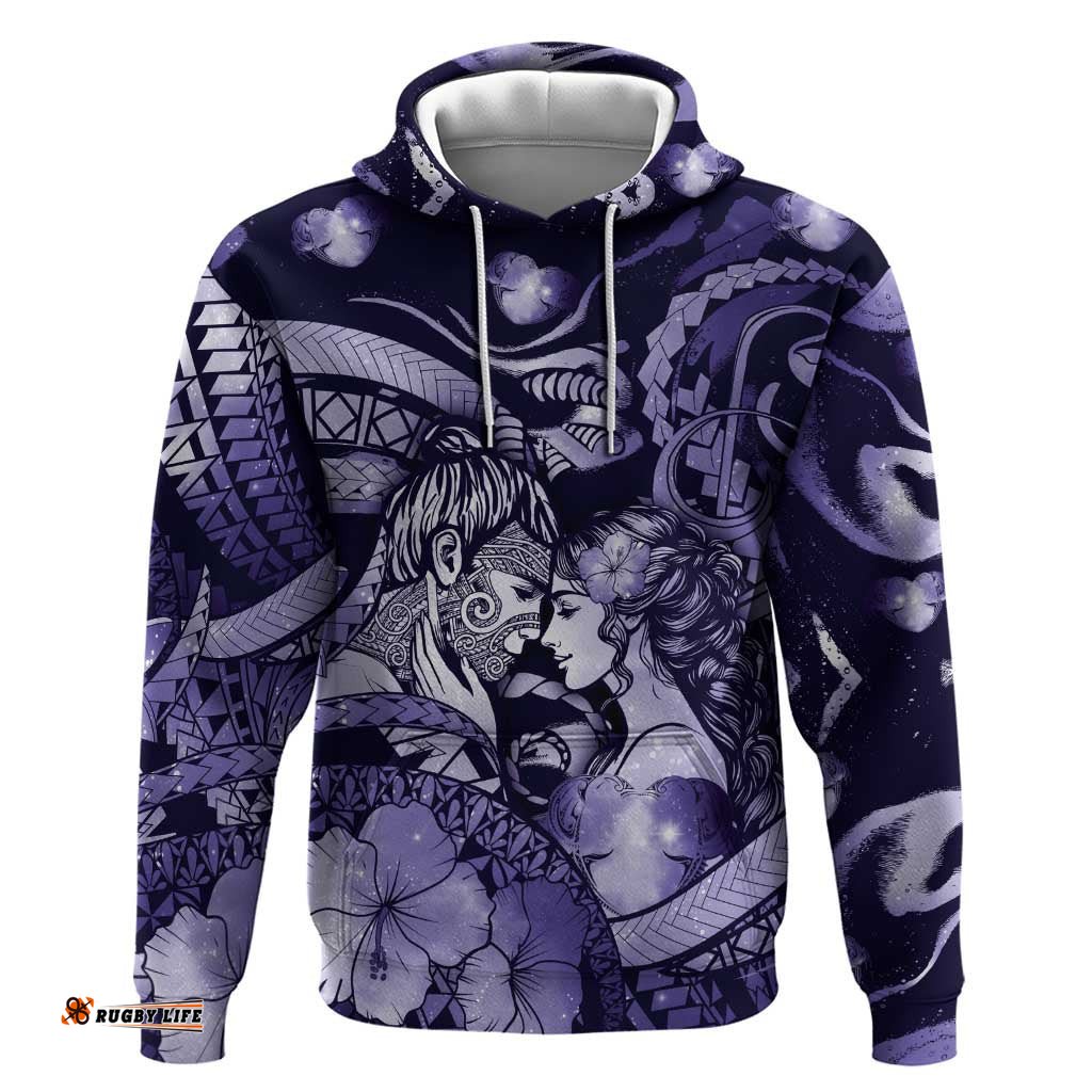 RugbyLife Shop Personalised Maori Romantic Valentine Hoodie The Hongi Kiss Purple Galaxy DT05