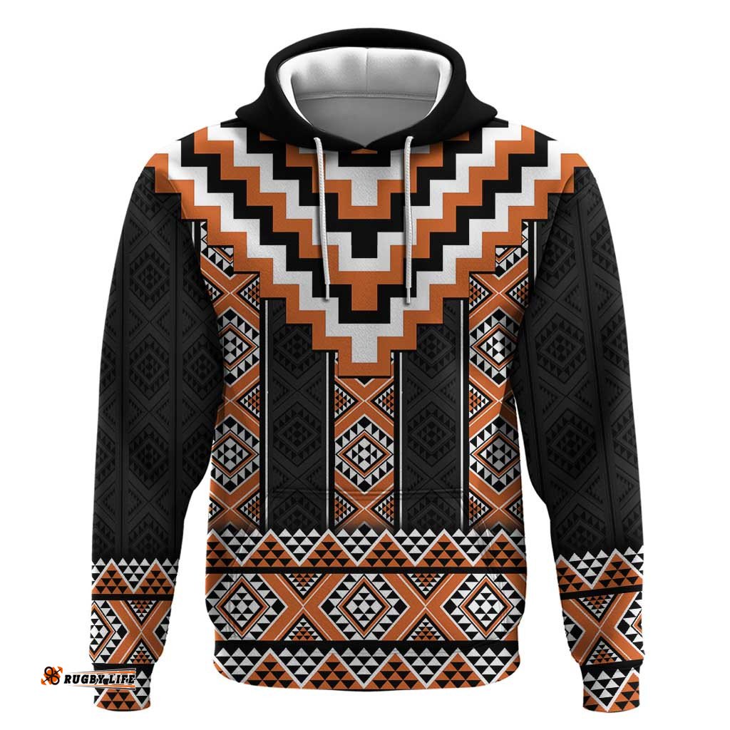 RugbyLife Shop Orange Taniko Pattern Aotearoa Hoodie Niho Taniwha Mix Poutama LT14