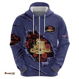 RugbyLife Shop Personalised ANZAC Day Hoodie Poppy Flowers Ripped Fabric Effect DT05