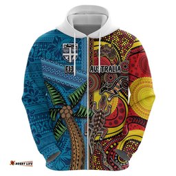 RugbyLife Shop Personalised Australia and Fiji Together Hoodie Tribal Palm Tree with Tapa and Aboriginal Animals Half Style LT03
