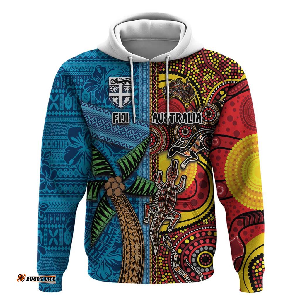 RugbyLife Shop Personalised Australia and Fiji Together Hoodie Tribal Palm Tree with Tapa and Aboriginal Animals Half Style LT03