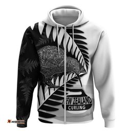 RugbyLife Shop New Zealand Silver Fern Curling Personalised Hoodie Aotearoa Kiwi Ponga Black White Version LT14