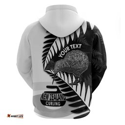 RugbyLife Shop New Zealand Silver Fern Curling Personalised Hoodie Aotearoa Kiwi Ponga Black White Version LT14