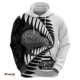 RugbyLife Shop New Zealand Silver Fern Curling Personalised Hoodie Aotearoa Kiwi Ponga Black White Version LT14