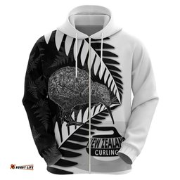 RugbyLife Shop New Zealand Silver Fern Curling Personalised Hoodie Aotearoa Kiwi Ponga Black White Version LT14