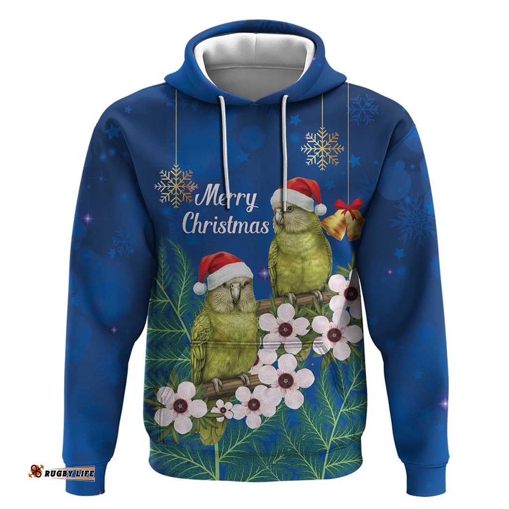 RugbyLife Shop New Zealand Kakapo Christmas Hoodie Owl Parrot Santa Sliver Fern Manuka - Blue LT14