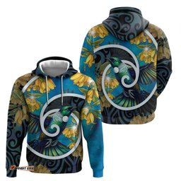 RugbyLife Shop New Zealand Tui Bird Hoodie Maori Koru With Kowhai Flowers LT05