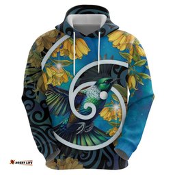 RugbyLife Shop New Zealand Tui Bird Hoodie Maori Koru With Kowhai Flowers LT05