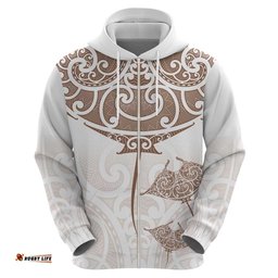 RugbyLife Shop New Zealand Manta Ray Tattoo Hoodie Aotearoa Maori Haehae Beige LT14