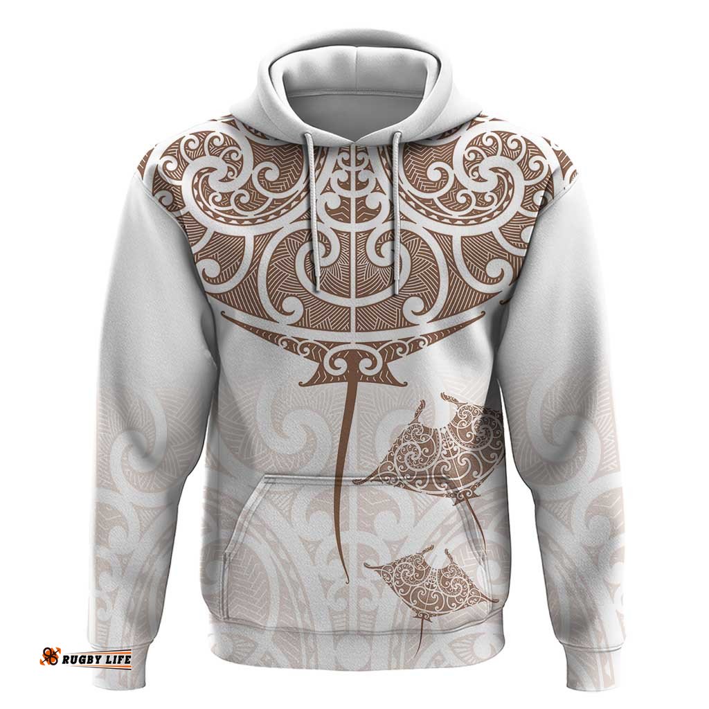 RugbyLife Shop New Zealand Manta Ray Tattoo Hoodie Aotearoa Maori Haehae Beige LT14