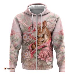 RugbyLife Shop Personalised Breast Cancer Awareness Hoodie Mother Kangaroo And Ribbon Hope DT05