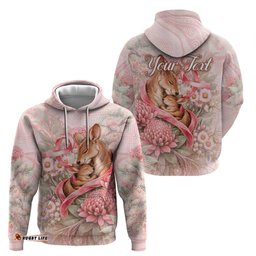 RugbyLife Shop Personalised Breast Cancer Awareness Hoodie Mother Kangaroo And Ribbon Hope DT05