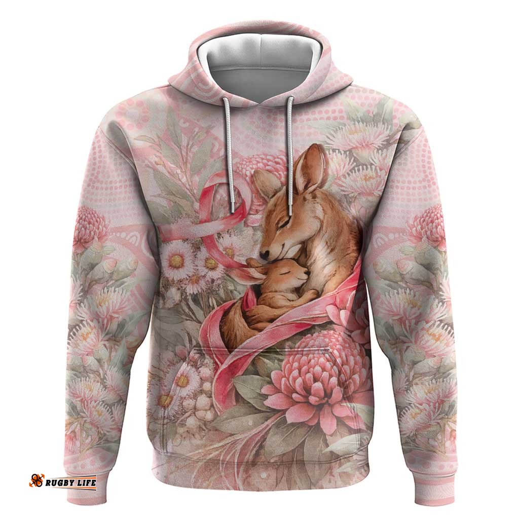 RugbyLife Shop Personalised Breast Cancer Awareness Hoodie Mother Kangaroo And Ribbon Hope DT05