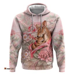 RugbyLife Shop Personalised Breast Cancer Awareness Hoodie Mother Kangaroo And Ribbon Hope DT05