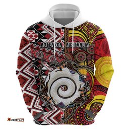 RugbyLife Shop Personalised Aotearoa and Australia Together Hoodie Koru and Kangaroo - Taniko with Aboriginal Motif LT03