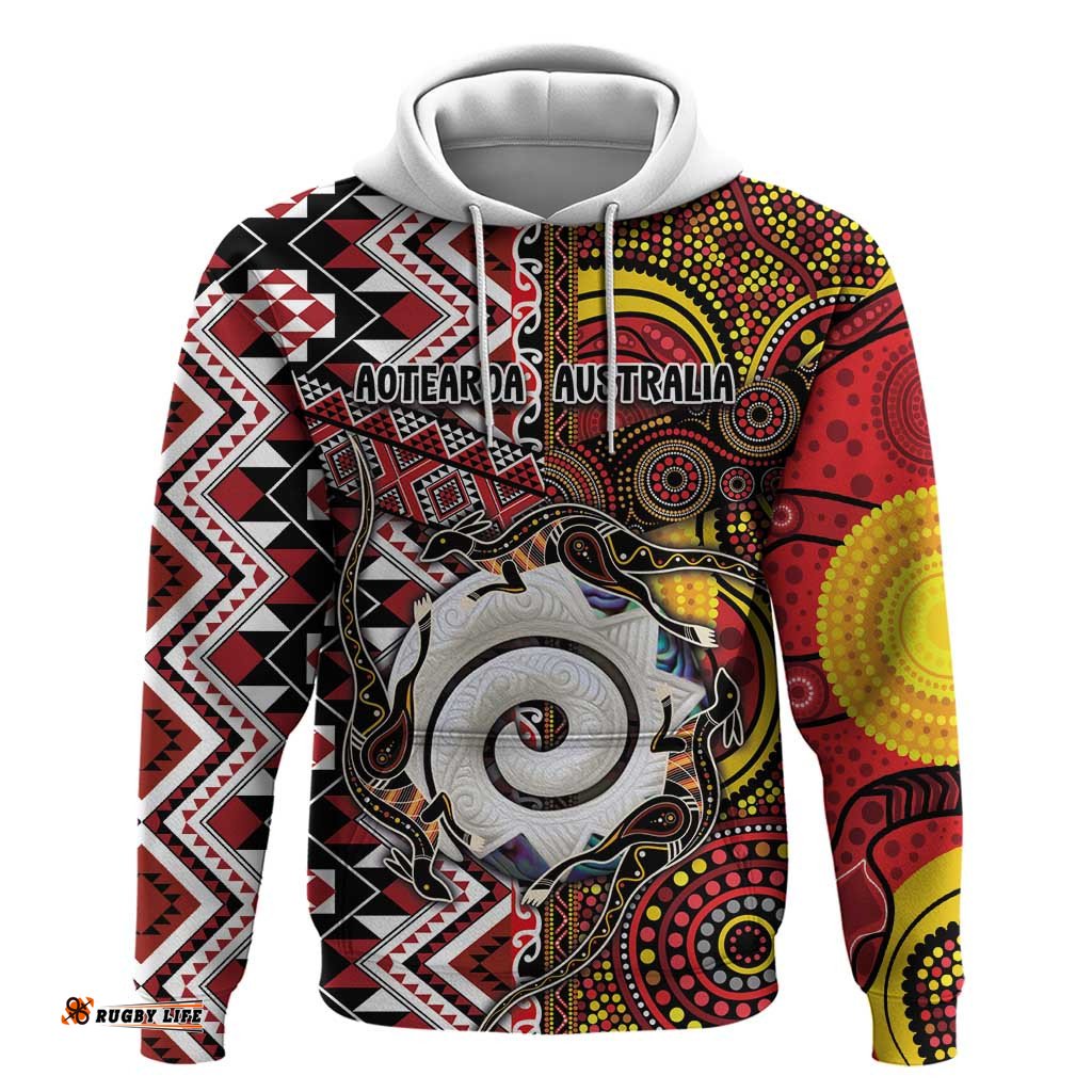 RugbyLife Shop Personalised Aotearoa and Australia Together Hoodie Koru and Kangaroo - Taniko with Aboriginal Motif LT03